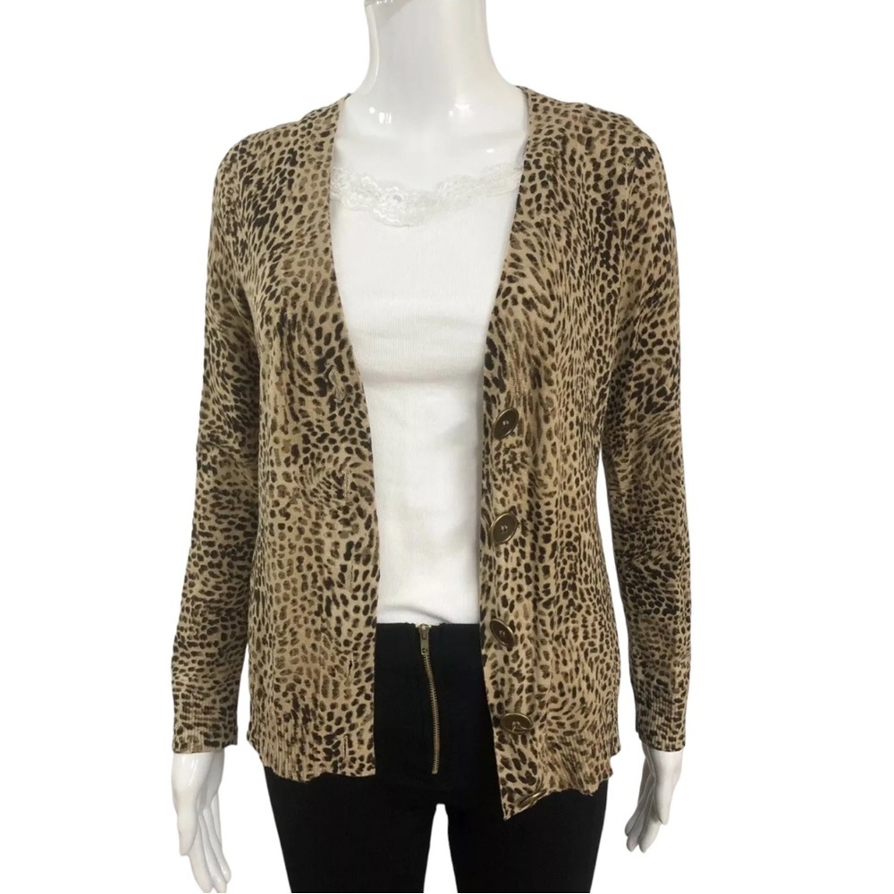 Judith Hart Women's Size M Sweater Petites Cardigan Animal Print Button tan